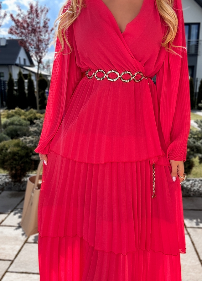 Elegancka sukienka MIDI z plisowaniem i kopertowym dekoltem MALINOWA - N096B