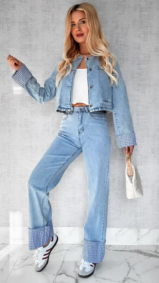 Wiosenny komplet jeansowy katana + spodnie BLUE JEANS kratka - P382A