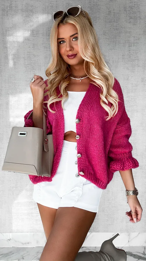 Lekki puszysty sweter na guziki z modnymi rękawami WRZOSOWY - P471