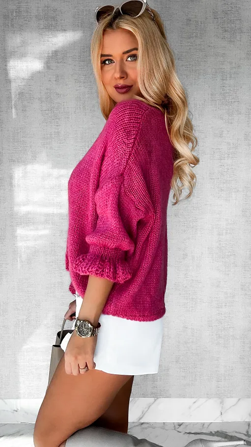 Lekki puszysty sweter na guziki z modnymi rękawami WRZOSOWY - P471