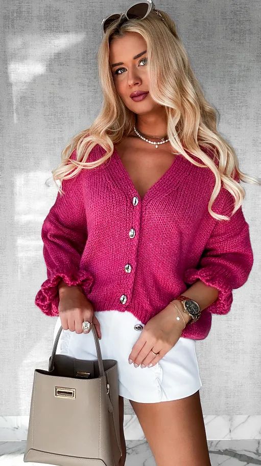 Lekki puszysty sweter na guziki z modnymi rękawami WRZOSOWY - P471
