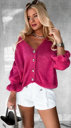 Lekki puszysty sweter na guziki z modnymi rękawami WRZOSOWY - P471