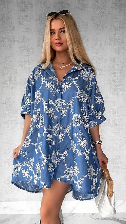 Duża luźna koszula bawełniana cała haftowana ONE SIZE - P440