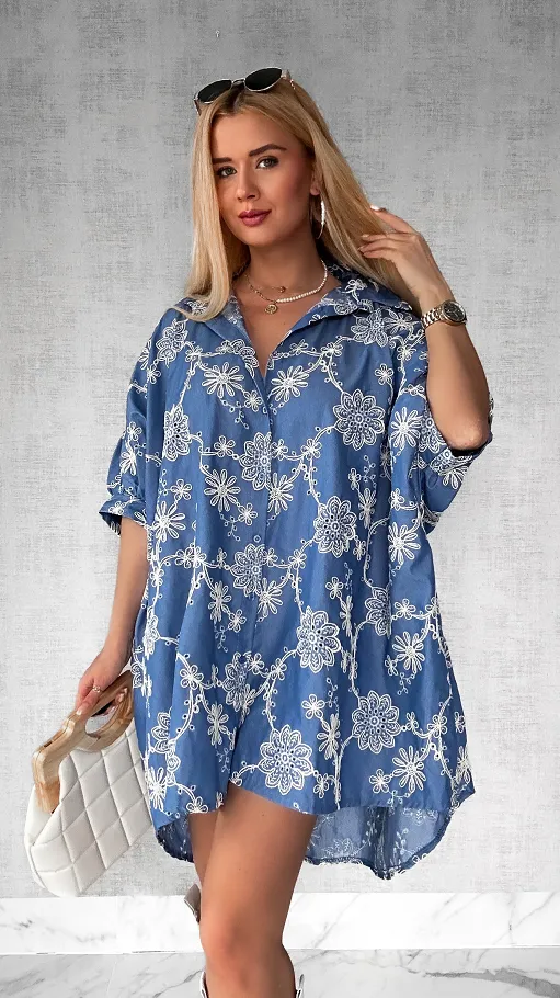 Duża luźna koszula bawełniana cała haftowana ONE SIZE - P440
