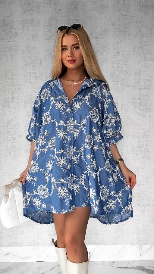 Duża luźna koszula bawełniana cała haftowana ONE SIZE - P440