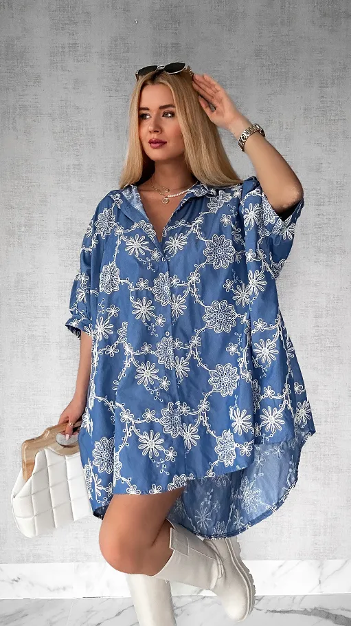Duża luźna koszula bawełniana cała haftowana ONE SIZE - P440