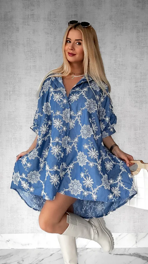 Duża luźna koszula bawełniana cała haftowana ONE SIZE - P440