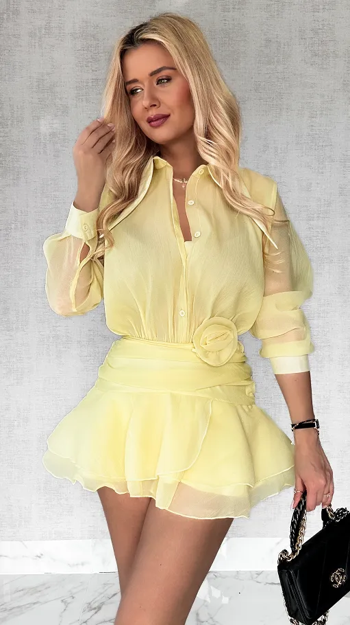 Świetna żółta bluzka TUNIKA z różą one size - P563