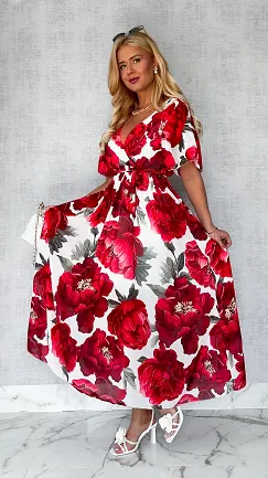 MAXI sukienka w czerwone kwiaty z kopertowym dekoltem ONE SIZE - P605