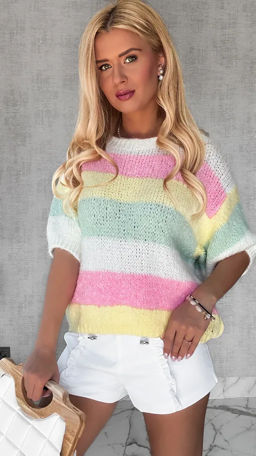 Wiosenny sweter z krótkim rękawem w kolorowe pasy multi kolor WHITE - P653A