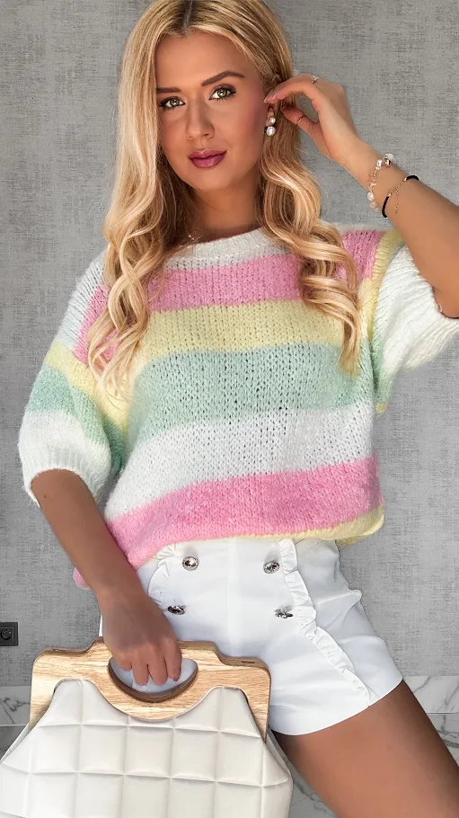 Wiosenny sweter z krótkim rękawem w kolorowe pasy multi kolor WHITE - P653A