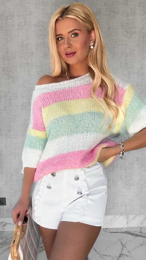 Wiosenny sweter z krótkim rękawem w kolorowe pasy multi kolor WHITE - P653A