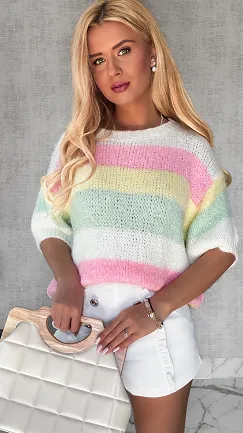 Wiosenny sweter z krótkim rękawem w kolorowe pasy multi kolor WHITE - P653A