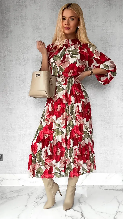 Wiosenna midi sukienka w czerwone kwiaty z plisowaniem ONE SIZE - P435