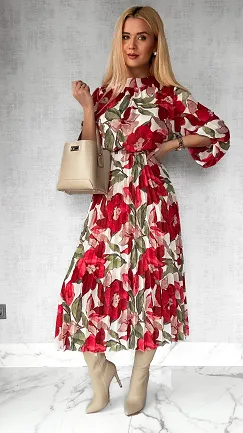 Wiosenna midi sukienka w czerwone kwiaty z plisowaniem ONE SIZE - P435