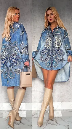 Asymetryczna lniana koszula w jeansowym wzorze OVERSIZE - P223