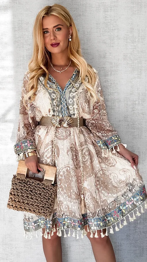 Atrakcyjna BOHO sukienka w beżowe wzory ONE SIZE - P682A