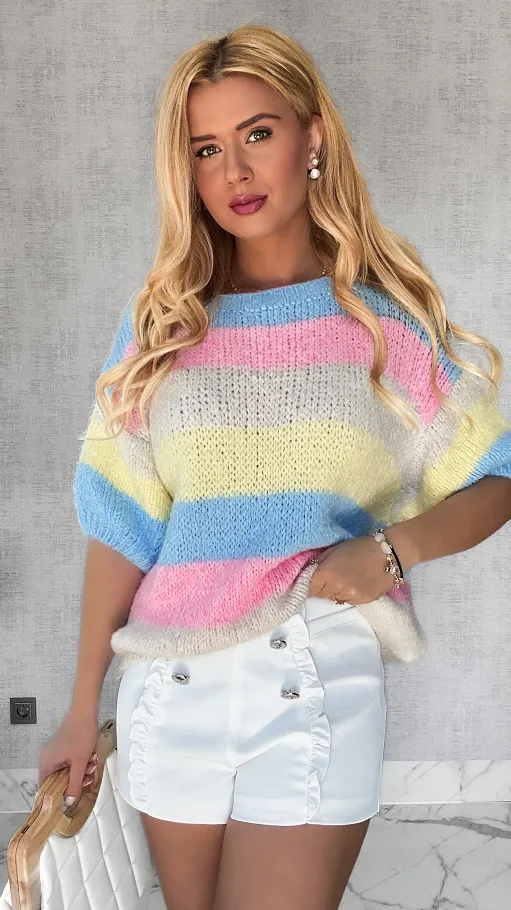 Wiosenny sweter z krótkim rękawem w kolorowe pasy multi kolor BLUE - P653