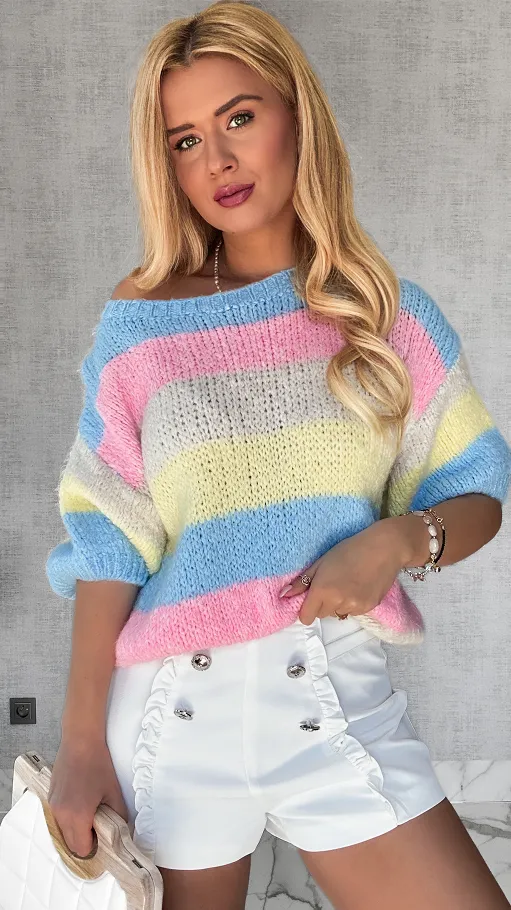 Wiosenny sweter z krótkim rękawem w kolorowe pasy multi kolor BLUE - P653