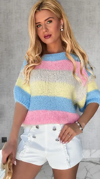 Wiosenny sweter z krótkim rękawem w kolorowe pasy multi kolor BLUE - P653