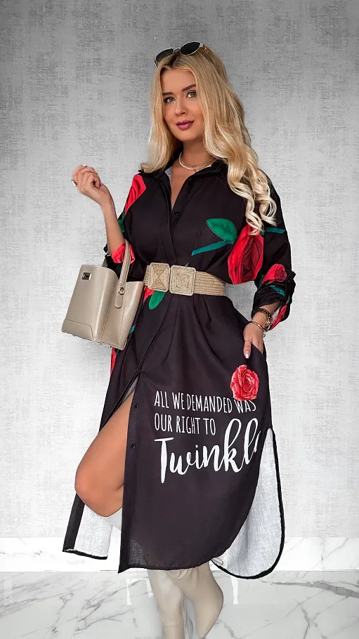 Lniana MAXI koszula z czerwoną różą duży OVERSIZE czarna - P430A
