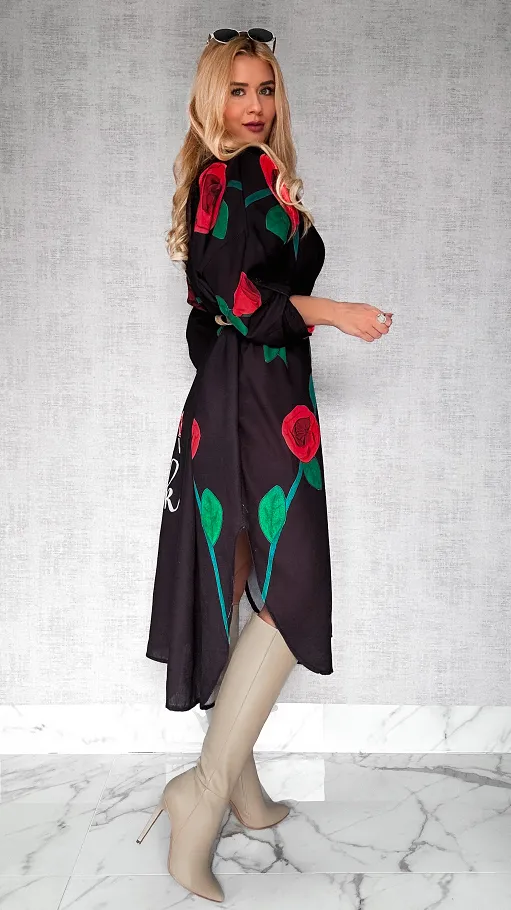 Lniana MAXI koszula z czerwoną różą duży OVERSIZE czarna - P430A