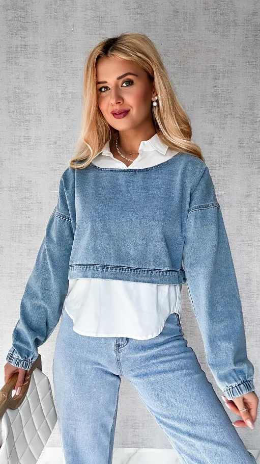 Jeansowa bluza w kolorze BLUE z elementami koszuli ONE SIZE - P465