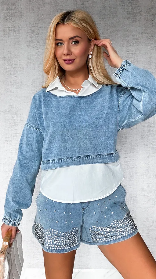 Jeansowa bluza w kolorze BLUE z elementami koszuli ONE SIZE - P465