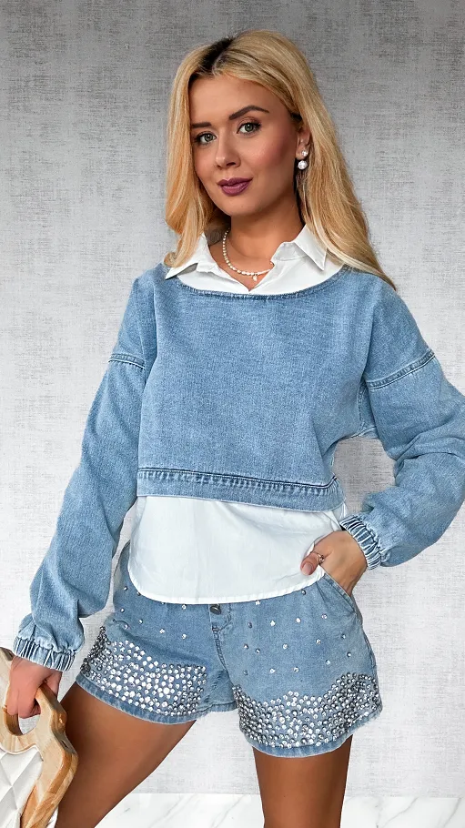 Jeansowa bluza w kolorze BLUE z elementami koszuli ONE SIZE - P465