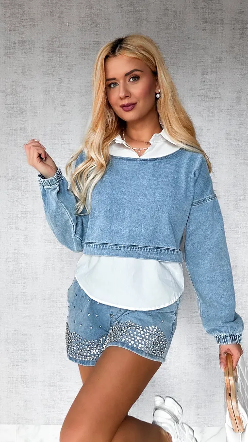 Jeansowa bluza w kolorze BLUE z elementami koszuli ONE SIZE - P465