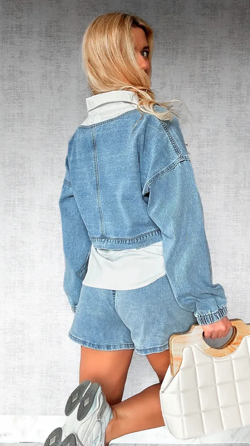 Jeansowa bluza w kolorze BLUE z elementami koszuli ONE SIZE - P465