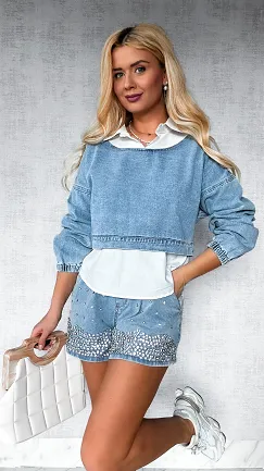 Jeansowa bluza w kolorze BLUE z elementami koszuli ONE SIZE - P465