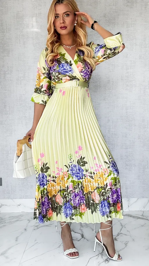 Cudowna MAXI sukienka w kwiaty z plisowanym dołem ŻÓŁTA - P511