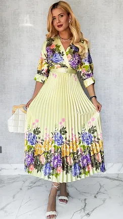 Cudowna MAXI sukienka w kwiaty z plisowanym dołem ŻÓŁTA - P511