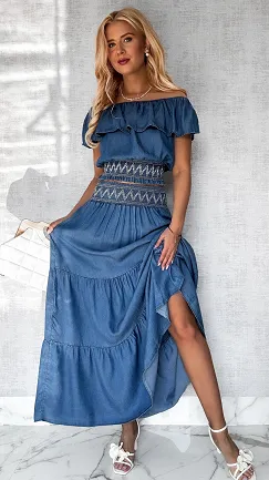 Miękki jeansowy komplet bluzka hiszpanka + spódnica ONE SIZE - P606