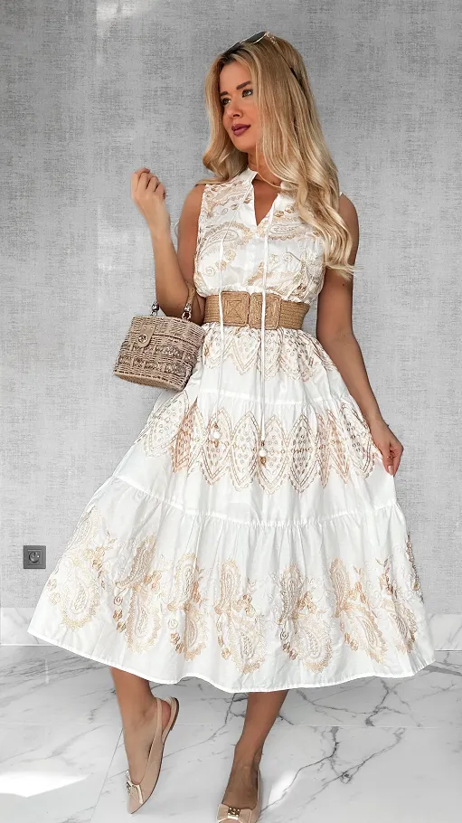 Biała bawełniana MAXI sukienka BOHO haftowana złotą nitką - P454