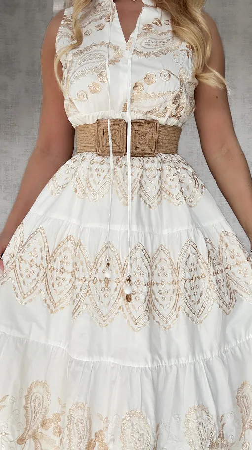 Biała bawełniana MAXI sukienka BOHO haftowana złotą nitką - P454