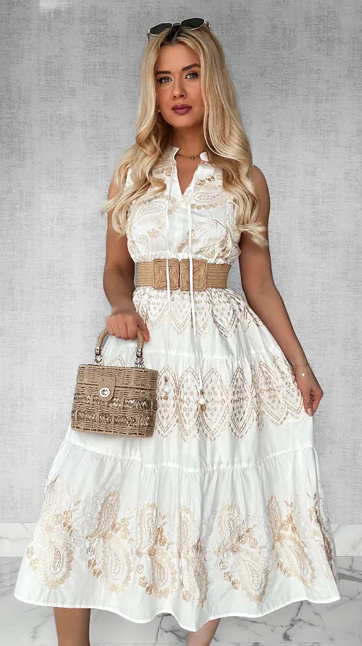 Biała bawełniana MAXI sukienka BOHO haftowana złotą nitką - P454