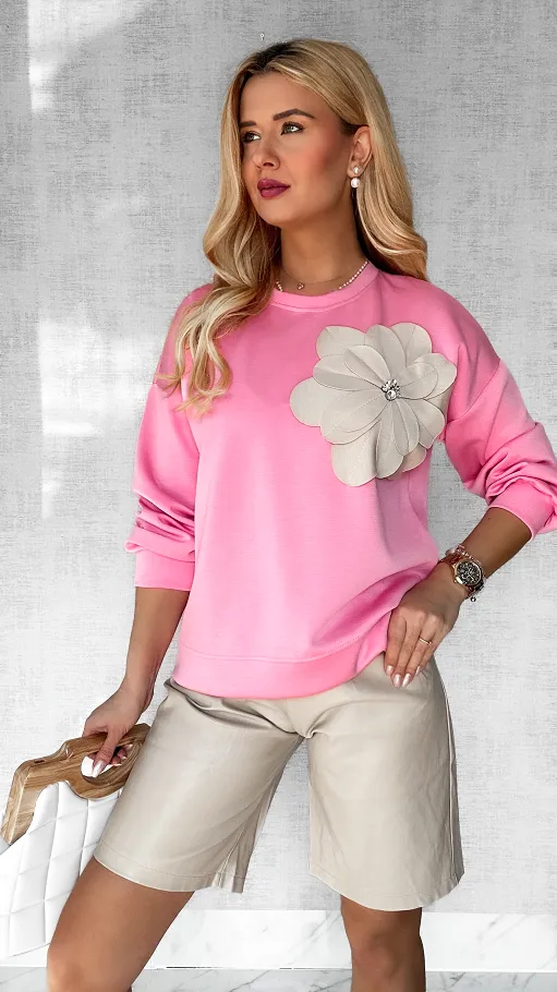 Masełkowa różowa bluza z kwiatem ONE SIZE - P237C
