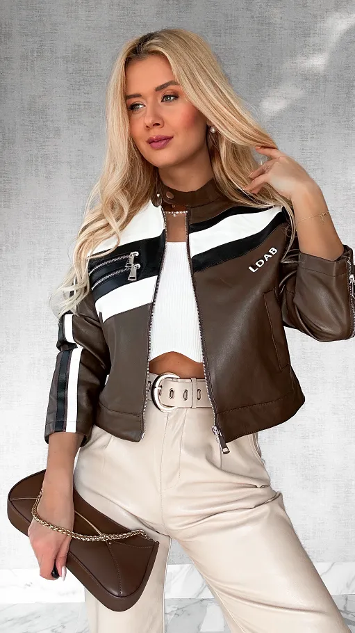 Czekoladowa kurtka BIKER z eko skóry ONE SIZE - P521A