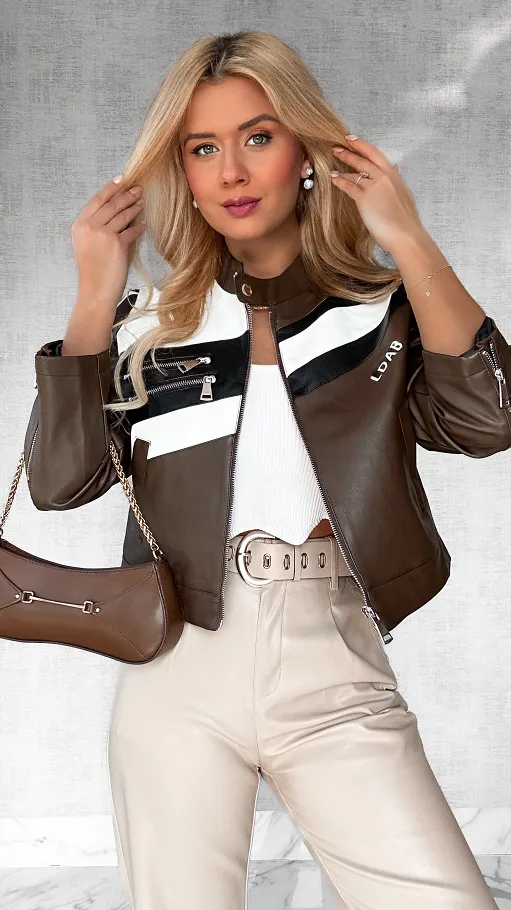 Czekoladowa kurtka BIKER z eko skóry ONE SIZE - P521A