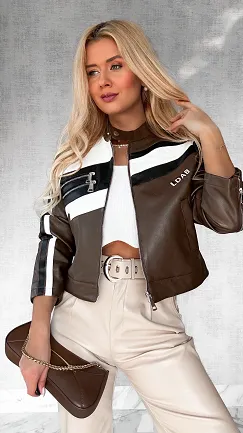 Czekoladowa kurtka BIKER z eko skóry ONE SIZE - P521A