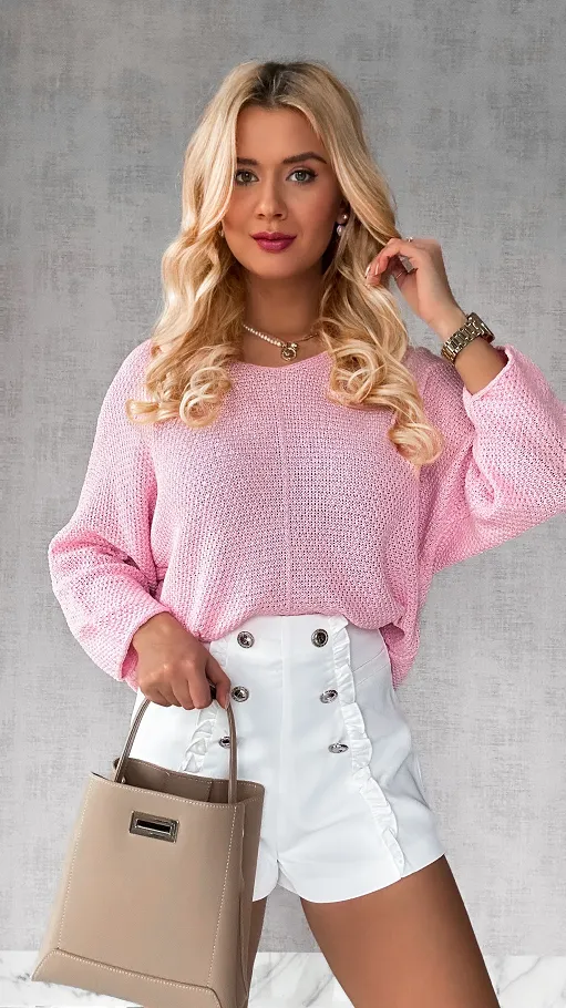 Ażurowy wiosenny sweterek nietoperz RÓŻ one size - P315