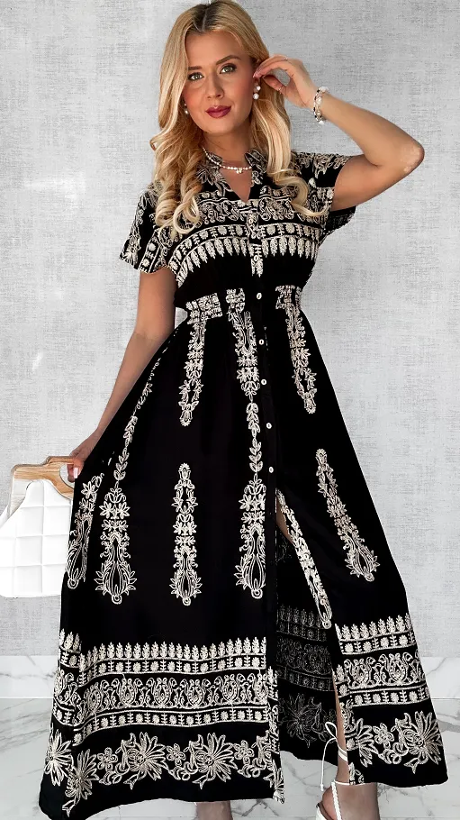 Czarna maxi długa luźna sukienka ze złotymi haftami ONE SIZE - P436