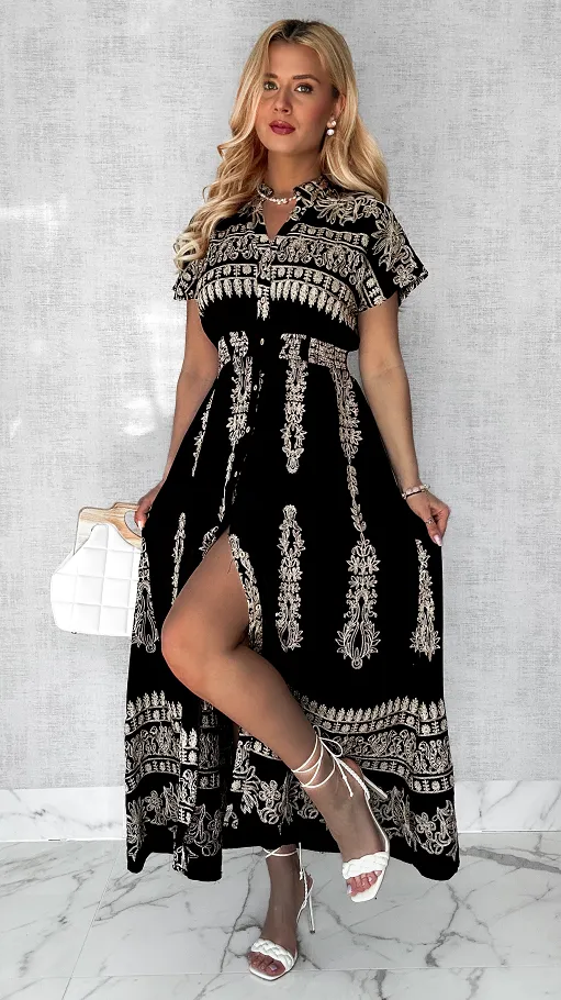 Czarna maxi długa luźna sukienka ze złotymi haftami ONE SIZE - P436