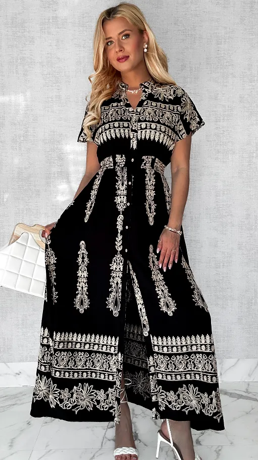 Czarna maxi długa luźna sukienka ze złotymi haftami ONE SIZE - P436