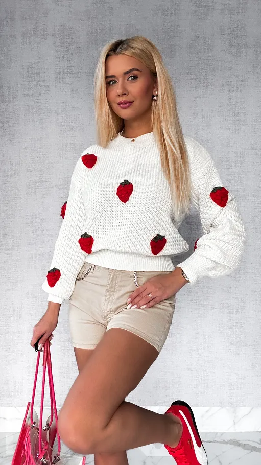 Piękny sweter ecru w maliny ONE SIZE - P169