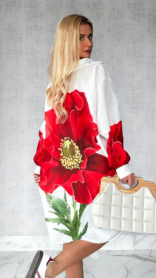 Lniana asymetryczna koszula OVERSIZE w czerwone maki WHITE - P510