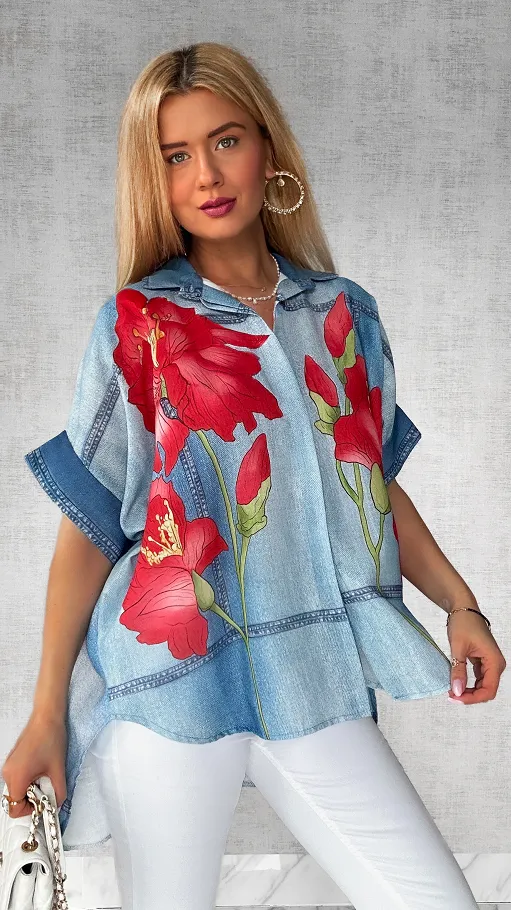 Asymetryczna lniana koszula w jeansowym wzorze w kwiaty - P734