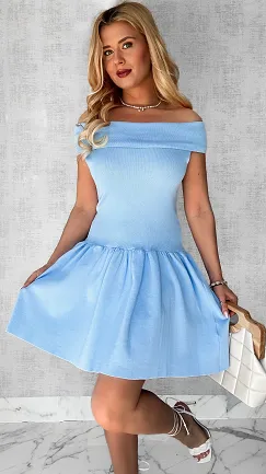 Dzianinowa sukienka z dekoltem w łódkę BLUE wiskoza - P254